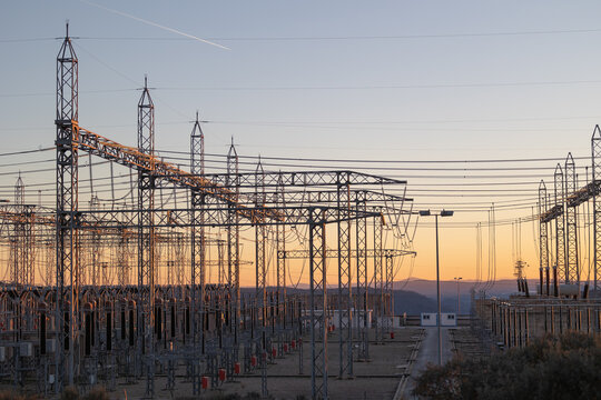 Hydroelectric power plant infrastructure in Spain at sunset