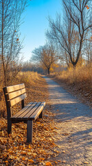 Serene Countryside Path with Golden Autumn Leaves and Blue Sky  