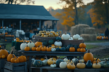 Rustic Autumn Pumpkin Display at Farm Stand during Dusk  