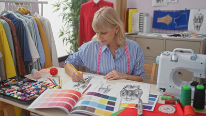 A creative woman tailoring in a colorful atelier, surrounded by garments, sketches, a sewing machine, fabric, and threads.
