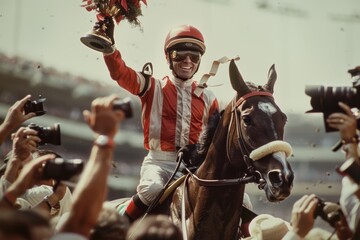 Victorious Jockey Celebrating on Winning Horse in Winner's Circle with Trophy and Photographers