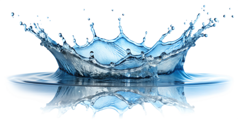 Crystal-clear water drop explodes in frozen motion, creating abstract blue splash with vibrant bubbles