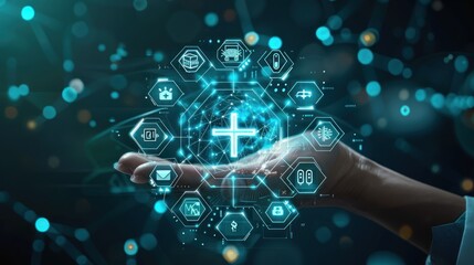 Digital Healthcare Network with Cross Icon