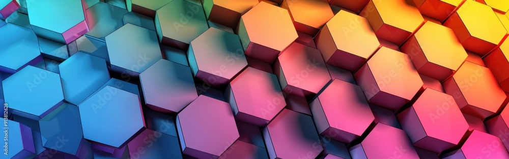 Aufkleber An abstract image features a close-up view of a repeating pattern of colorful hexagons. The hexagons are arranged in an overlapping and staggered formation, creating a sense of depth and dimension. Th