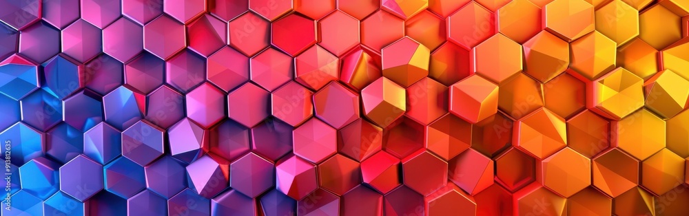 Aufkleber A vibrant and colorful pattern of hexagons, ranging from deep blue to bright orange. The hexagons are arranged in a geometric pattern that creates a sense of depth and movement.
