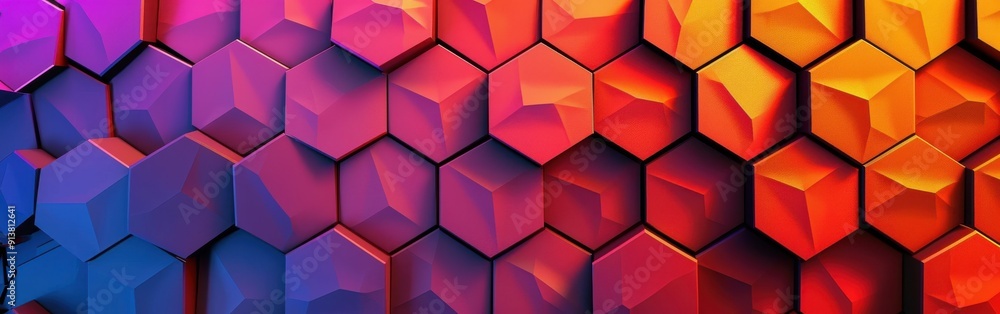 Aufkleber A close-up image of a vibrant, colorful pattern composed of hexagonal shapes. The pattern transitions from a deep blue to bright red, with the hexagons having a slightly raised, textured surface.