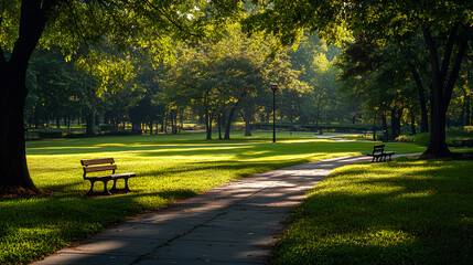 Obraz premium Quiet Morning in Bright, Empty City Park with Soft Sunlight and Long Shadows