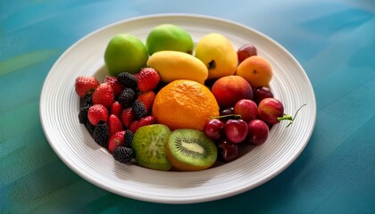 Fresh and delicious-looking fruits on a plate on the table. Really delicious.49