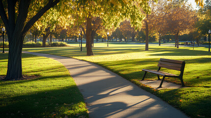Fototapeta premium Quiet Morning in Bright, Empty City Park with Soft Sunlight and Long Shadows
