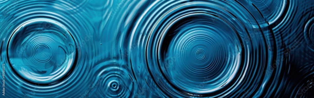 Poster A close-up photograph of the ripples in blue water, which are created by drops falling onto the surface. The concentric circles spread outward from the impact point, creating a mesmerizing abstract pa