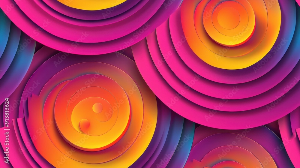Poster An abstract digital artwork featuring a layered pattern of concentric circles, each with a gradient of vibrant colors, including pink, yellow, orange, and blue. The overlapping circles create a sense 