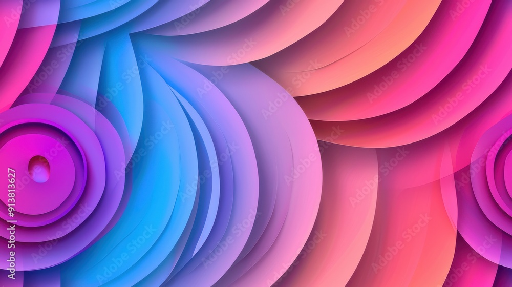 Poster this image features a repeating abstract pattern of pink and blue circles. the circles are layered a