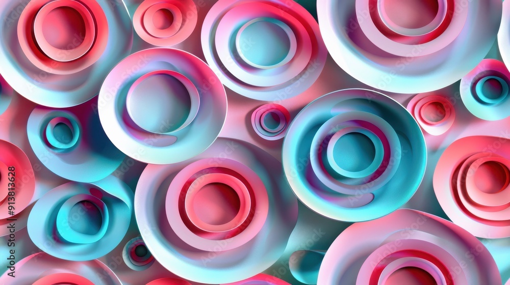 Leinwandbilder A close-up shot of an abstract pattern formed by overlapping concentric circles, arranged in a seemingly random pattern. The circles are in shades of pink and blue, with a slight gradient effect. The 