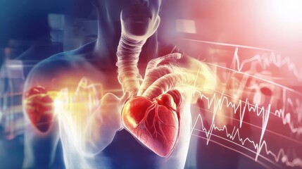 Medical illustration of a human heart with surrounding arteries, highlighted in vibrant colors, showing detailed anatomy and heart activity. Ideal for educational, medical, and scientific purposes.