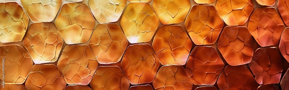 Poster A textured copper wall installation featuring a pattern of hexagonal shapes. The shapes are textured with a cracked, almost scaly appearance. The color of the copper shifts from lighter yellow to a da