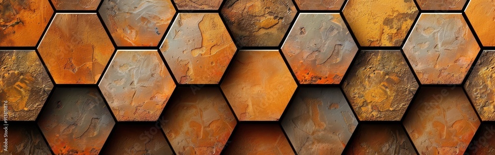 Aufkleber A close-up image shows a honeycomb pattern made from hexagonal tiles with a variety of orange and brown shades. The tiles have a textured surface and are arranged in a repeating pattern.