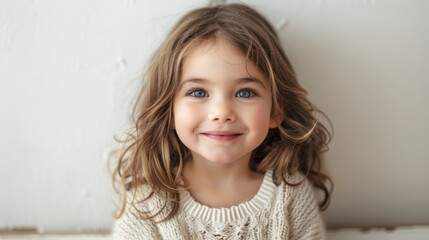 Naklejka premium A child's smiling face, closely framed White wall behind