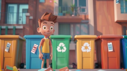Friendly Animated Character Teaching Kids About Waste Sorting - Colorful and Engaging Educational Scene