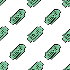 Retro ticket seamless pattern.  Vintage green ticket in doodle style. 