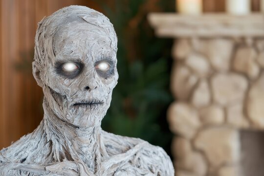Creepy mummy figure with glowing eyes