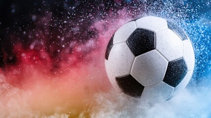 Naklejka premium Colorful soccer ball in motion with water droplets