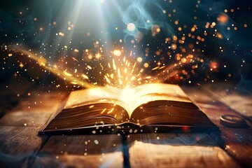 Magical Open Book with Glowing Light and Smoke.