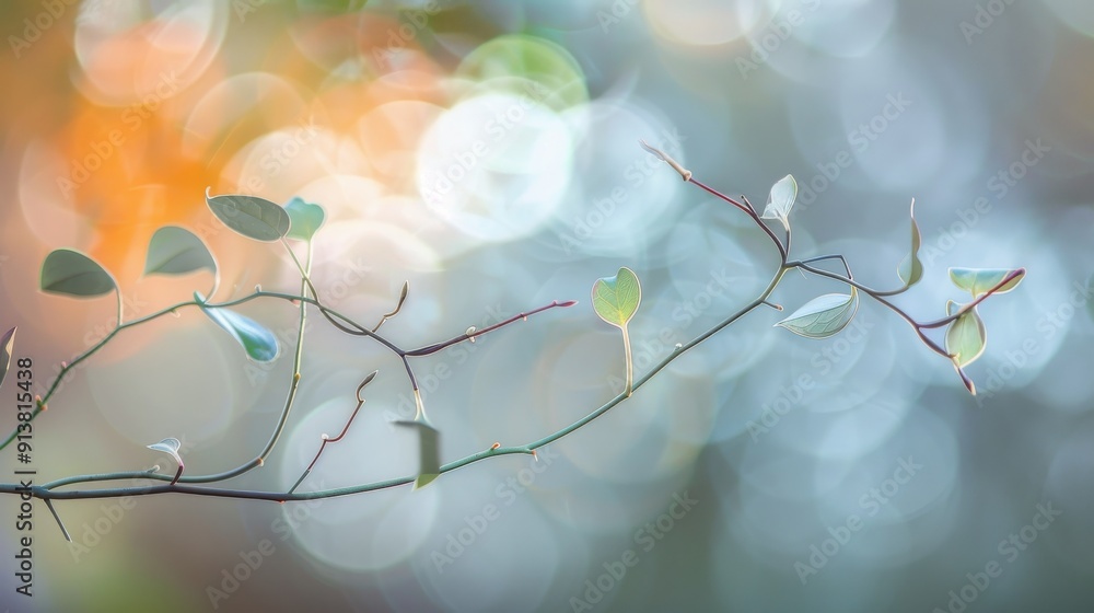 Poster a single branch with small green leaves extends across the frame, set against a blurry background of