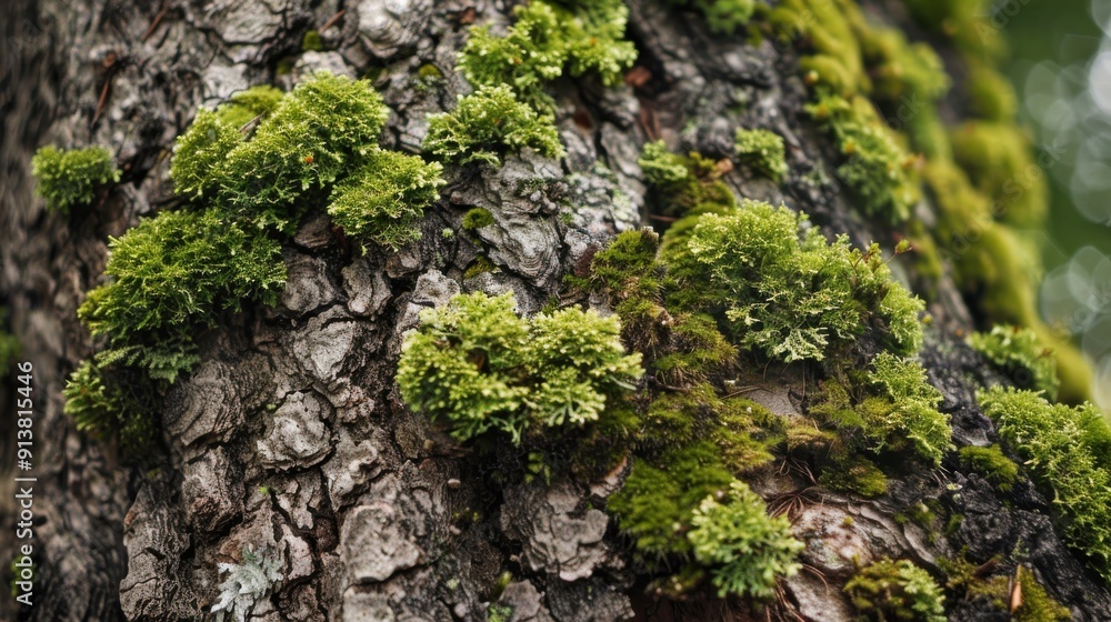 Poster A close-up photo of a tree trunk covered in green moss. The moss is growing in patches and is a bright green color. The bark of the tree is a dark brown color and is textured.