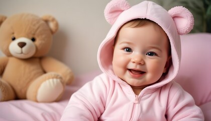 A happy baby girl wearing a pink onesie with a teddy bear 