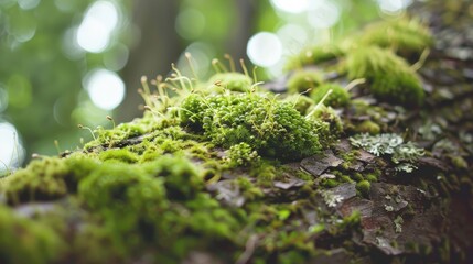 A close-up image of a tree branch covered in vibrant green moss, with delicate, newly sprouted stems reaching upwards towards the sunlight filtering through the forest canopy. The texture of the bark 