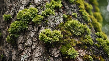 A close-up photo of a tree trunk covered in green moss. The moss is growing in patches and is a bright green color. The bark of the tree is a dark brown color and is textured.
