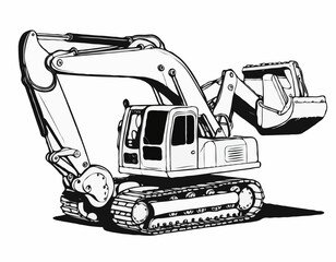 Cartoon excavator digger crawler wheels vehicle equipment machine construction site. Only black and white for coloring page, children