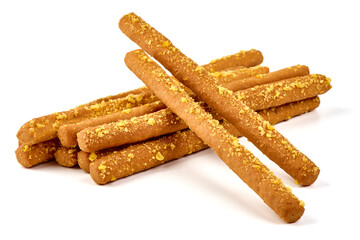 Crunchy bread sticks, cheese sticks, isolated on white background. High resolution image.