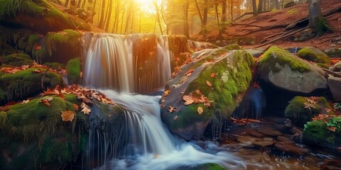 A beautiful waterfall cascades in an autumn forest with moss-covered rocks and fallen leaves.