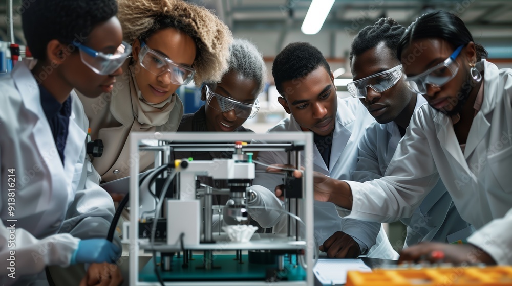 Poster collaboration of diverse students conducting research with 3d printer in high-tech lab environment