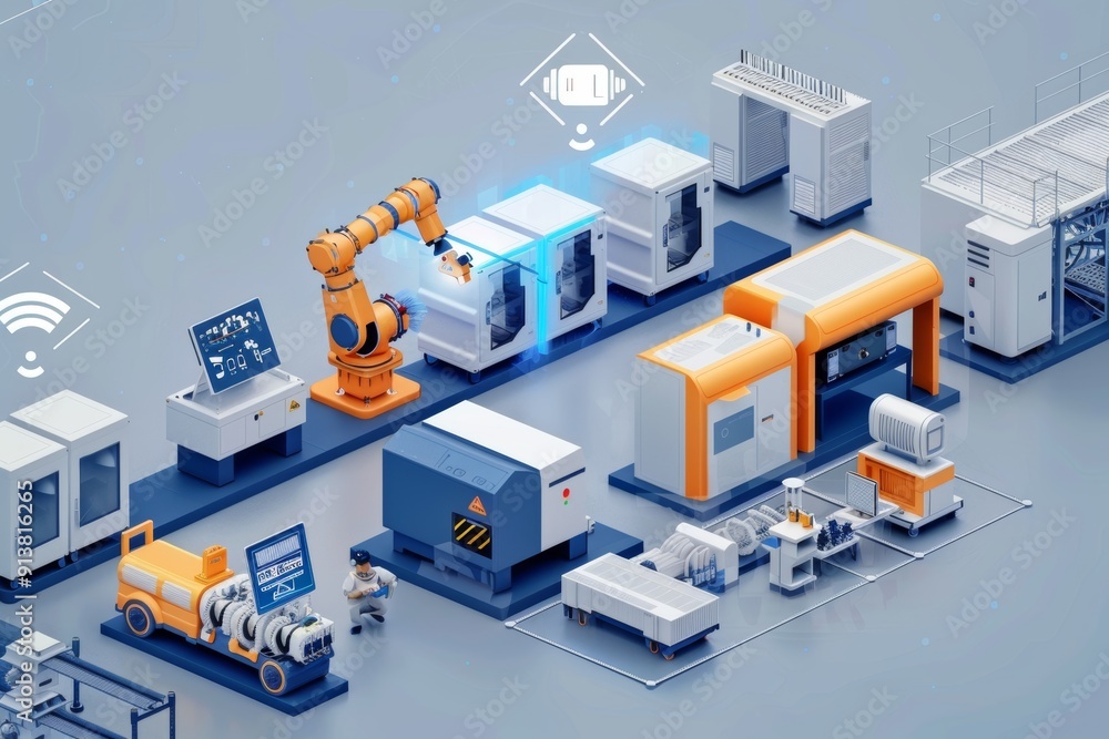 Poster smart factory with automated machines and iot devices for industrial signal transmission technology