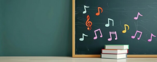 Blackboard with musical notes, vacant music room, flat design illustration
