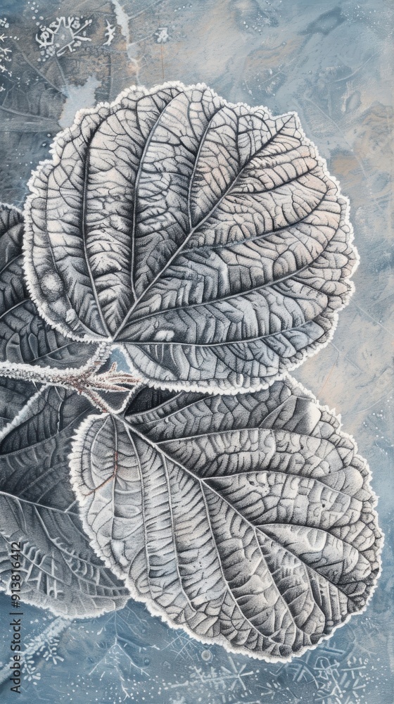 Poster The intricate network of veins on several leaves is emphasized by a coating of frost, creating a delicate and detailed image. The leaves appear to be frozen in time, their delicate texture highlighted