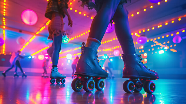 Picture a lively retro roller skating rink lit up with neon lights, embodying a fun and dynamic atmosphere filled with energy and entertainment