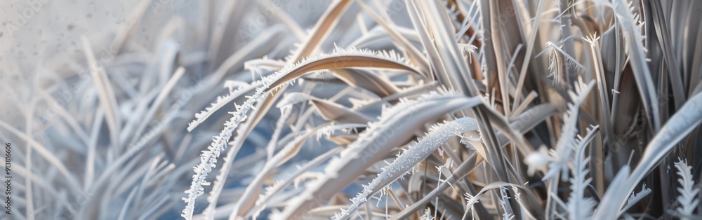 Aufkleber a close-up view of a patch of tall grass, each blade covered in a thick layer of frost, as the sun r