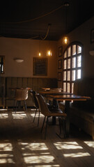 A cozy cafe interior with ambient lighting, featuring wooden furniture and menu board.