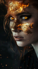 Portrait of a woman with fiery eyes and face adorned with golden flames and sparkles, evoking a sense of mysticism.