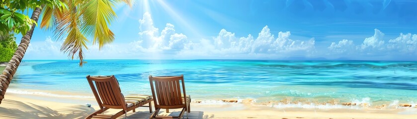 Tropical beach with two lounge chairs, clear blue water, palm trees, bright sunlight, panoramic view, relaxing scene