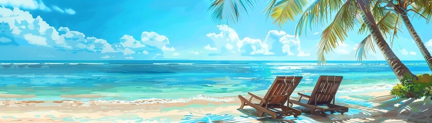 Obraz premium Tropical beach with two lounge chairs, clear blue water, palm trees, bright sunlight, panoramic view, relaxing scene