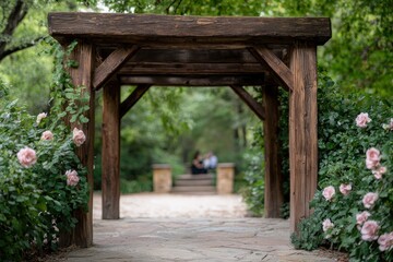 Romantic wooden arch in lush garden