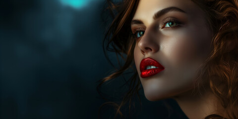 Fototapeta premium Side profile of a woman with bold red lips and smokey eye makeup, exuding confidence and allure