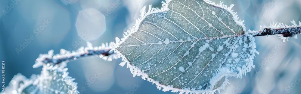 Poster a single leaf, covered in frost, hangs from a branch in the winter. the leaf is delicate and detaile