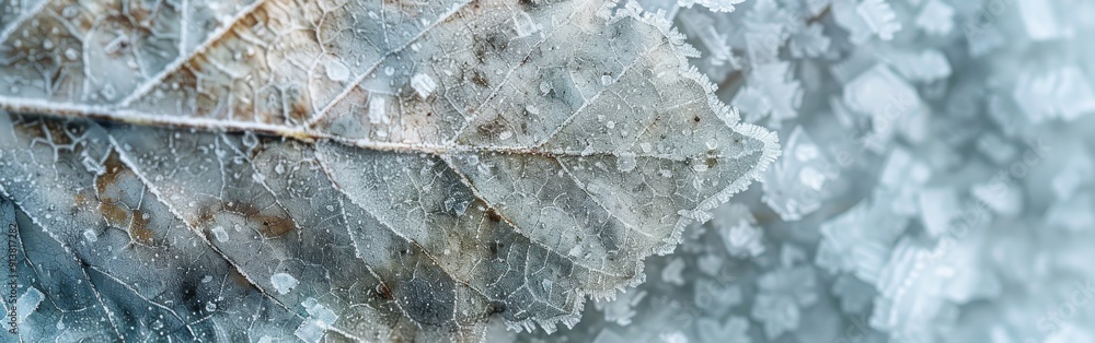 Poster A single leaf, covered in frost, is seen up close with intricate veins and a textured surface. The surrounding area is also covered in frost, creating a cold and wintery aesthetic.