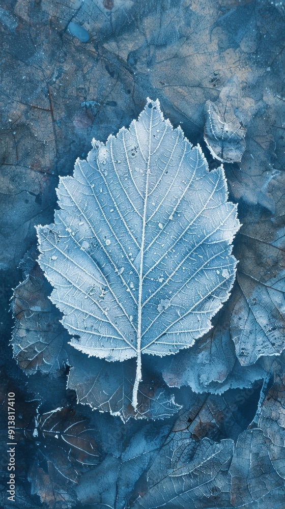 Aufkleber a single frosted leaf stands out against a backdrop of other leaves, all covered in a layer of ice. 