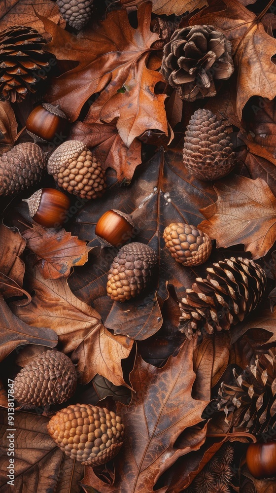 Poster a close-up image of a collection of autumn leaves, acorns, and pine cones in various sizes and shape